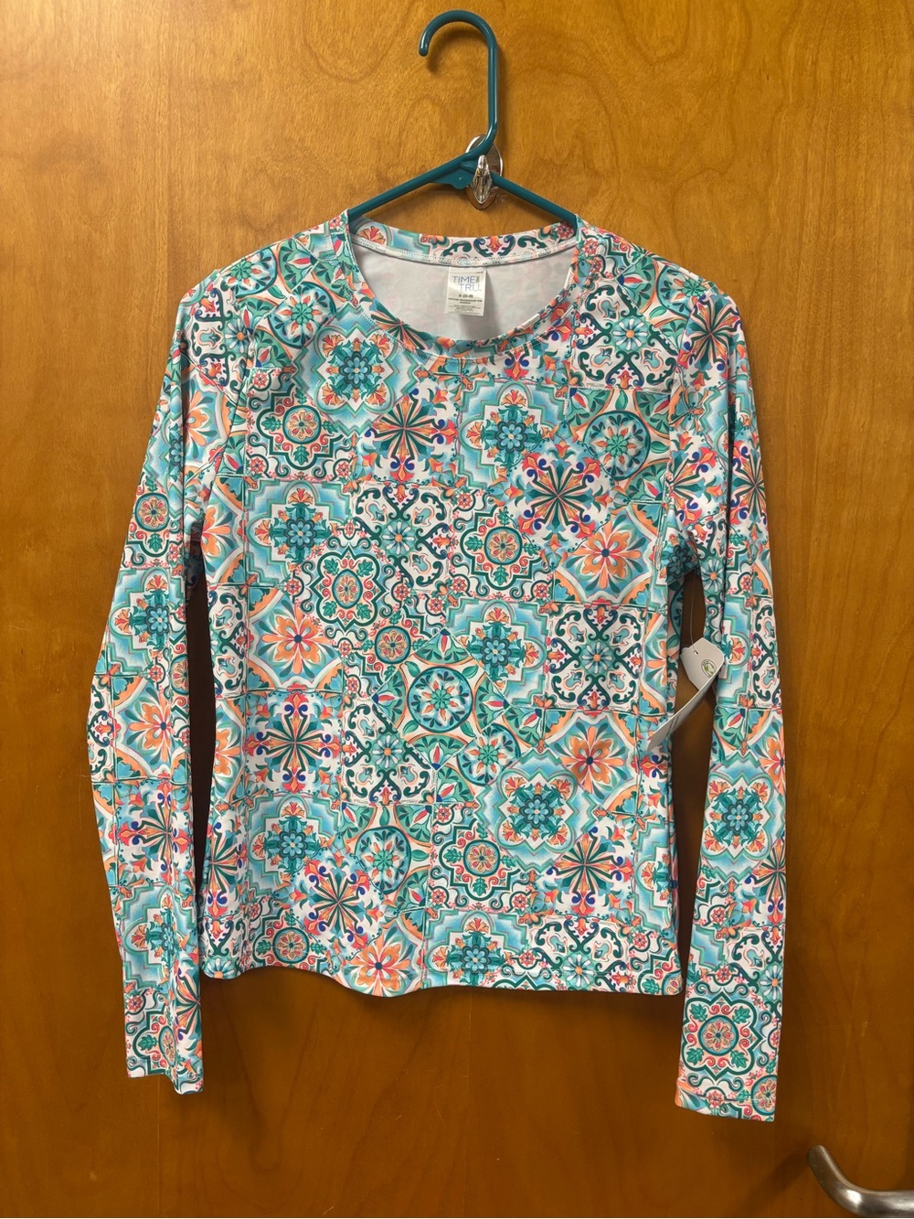 Time and Tru Teal and Coral Long-Sleeve Swim Tee
